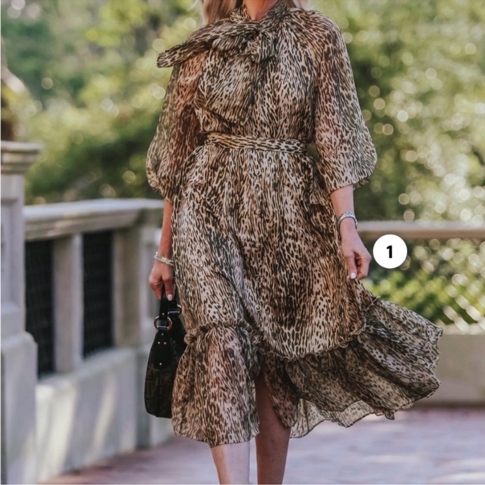 Elegant Leopard Print Long Midi Dress with Belt